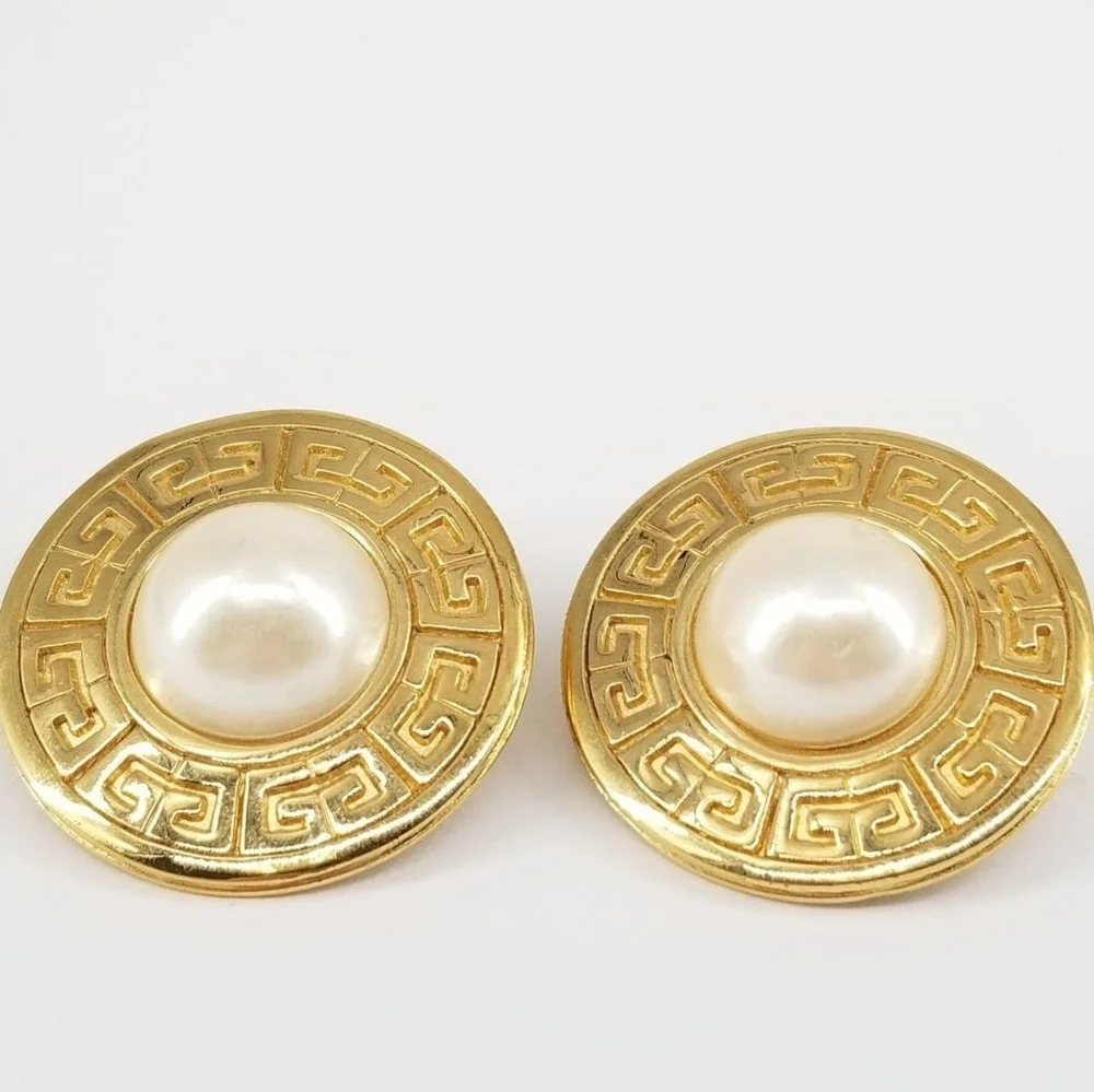 GIVENCHY vintage Greek Key Logo Gold & Pearl Earrings